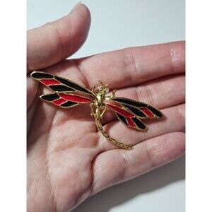 Gold tone colorful dragonfly brooch